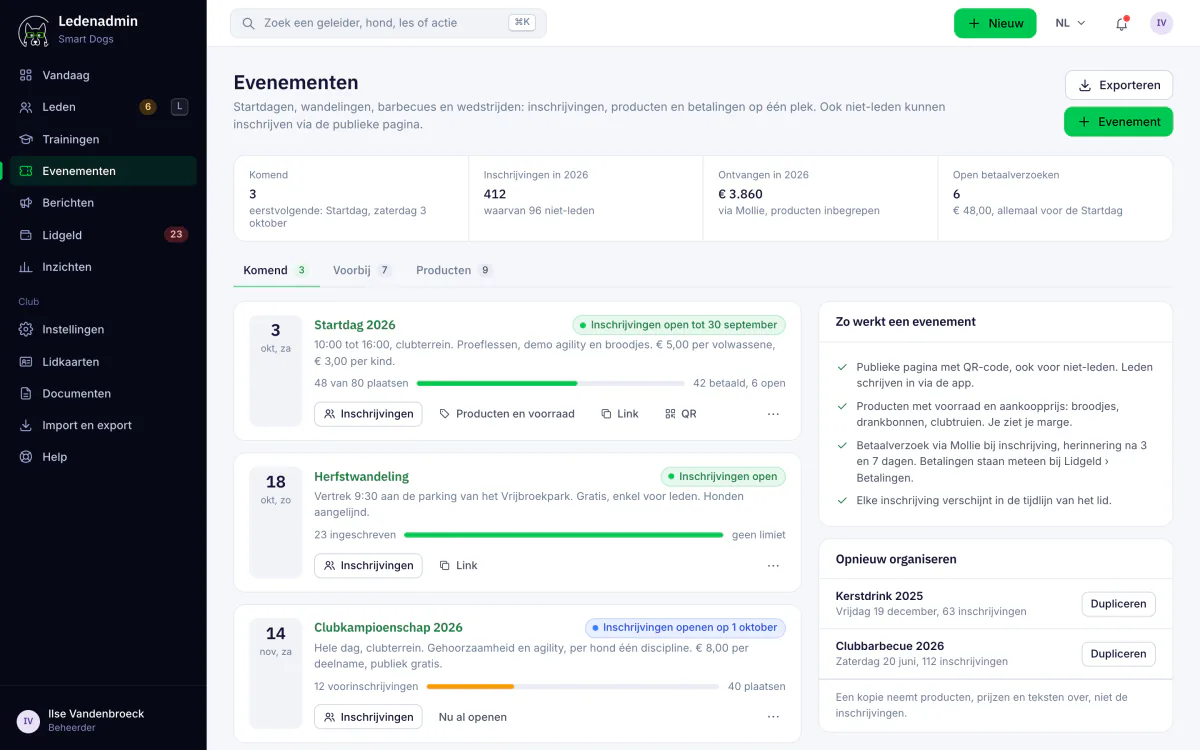 Evenementenbeheer in Ledenadmin: inschrijvingen, producten en betalingen per evenement
